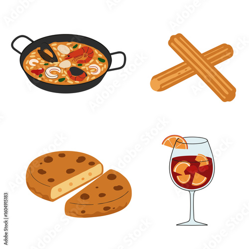 Paella, churros, tortilla, and sangria illustration on transparent background
