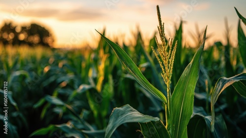 The vibrant growth of corn at sunset in a tranquil agricultural field.