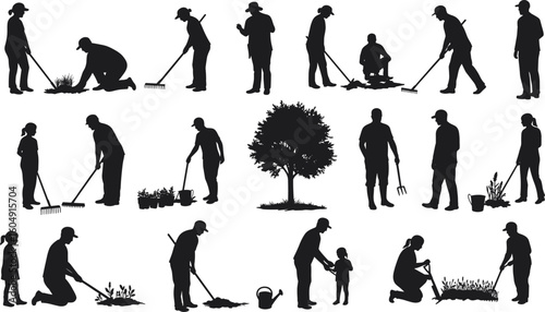 Silhouettes of people gardening, planting trees, watering plants, raking leaves, teamwork, outdoor lifestyle, nature care, black graphic, white background