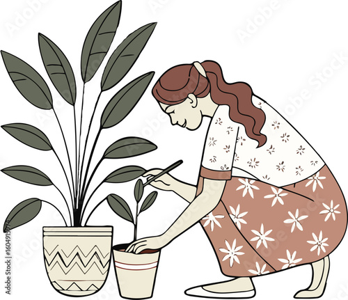 Botanical hand-drawn illustration with leafy green indoor plants in an artistic vase.