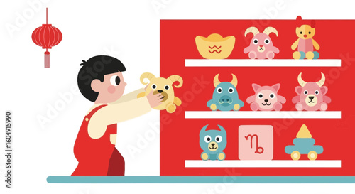 A Boy Plays With Cartoon Zodiac Animal Toys In A Festive Room Setup