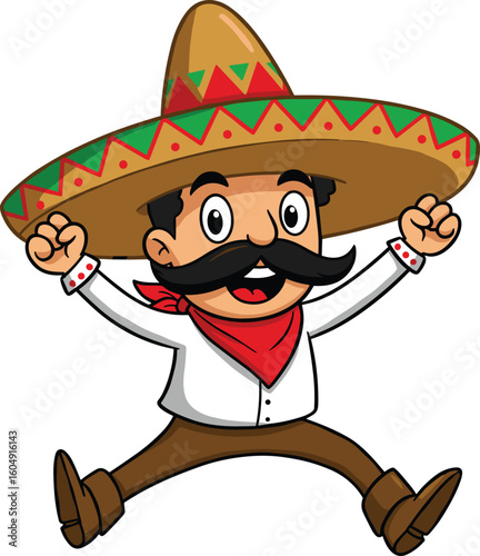 Mexican character cad drawing flat vector illustration, cartoon man in sombrero jumping with fists raised, mustache, red scarf, festive outfit