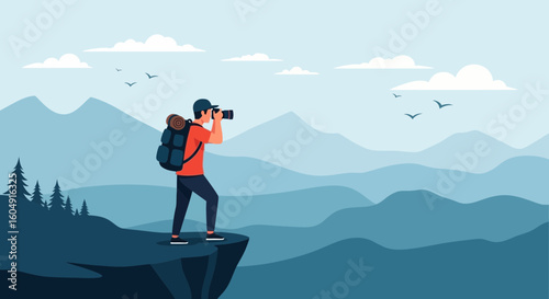 Adventurer Capturing Majestic Mountain Scenery With Camera On Peak
