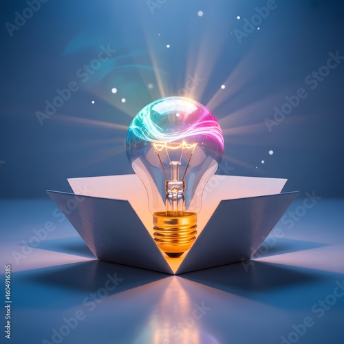 Colorful light bulb emerging from a box with radiating light