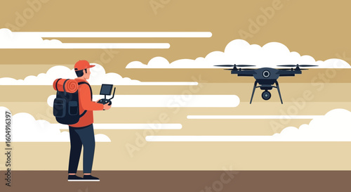 Adventurer Piloting Drone For Travel, Exploring New Horizons And Capturing Memories