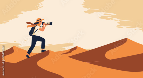 Adventurous Photographer Capturing Scenery Walking In The Vast Desert Landscape