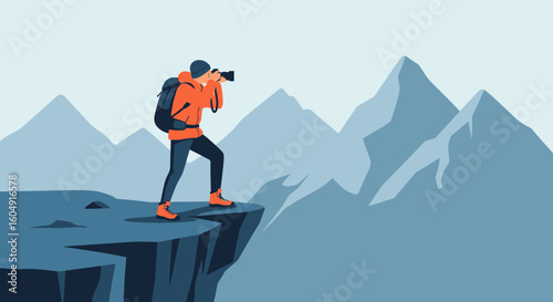 Adventurous Photographer Capturing Mountain Scenery From Cliffside Vantage Point