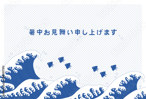 波千鳥の暑中見舞いイラスト（水玉模様背景）