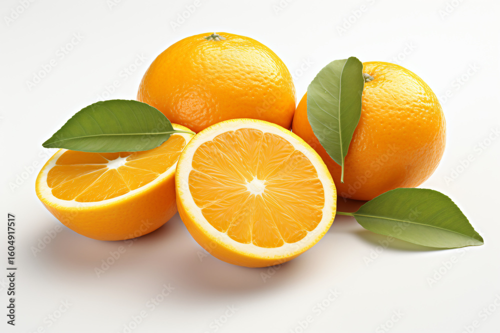 Fototapeta premium Two ripe oranges with sliced piece and leaves