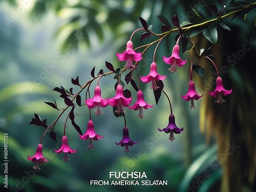 Fuchsia flowers with hanging branch, and green backdrop.