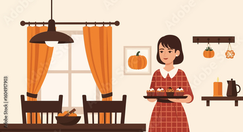 Aromatic Autumn: Woman with Cupcakes Setting a Festive Thanksgiving Atmosphere