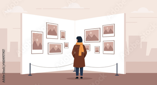 Art Gallery Visitor Contemplating Minimalist Landscape Paintings At A Cultural Exhibition