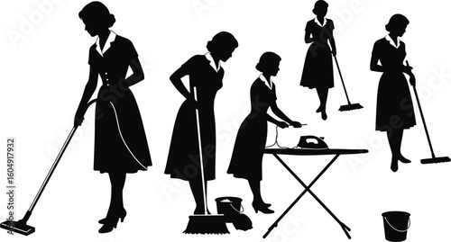 Silhouettes of women doing household chores, ironing, vacuuming, sweeping, retro style, domestic work, home cleaning, black graphic, white background