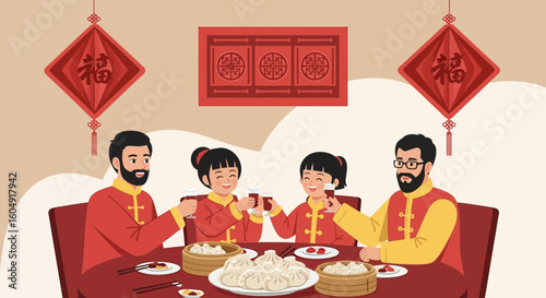 Asian Family Celebrates Lunar New Year With Dumplings And Drinks Together