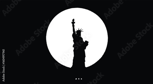 Statue of Liberty silhouette, full moon background, nighttime landmark view, symbol of freedom, USA icon, hope, minimal design, New York scene