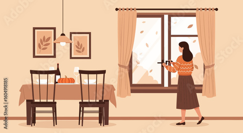 Autumnal Serenity Woman Admiring The Falling Leaves In Cozy Dining Room