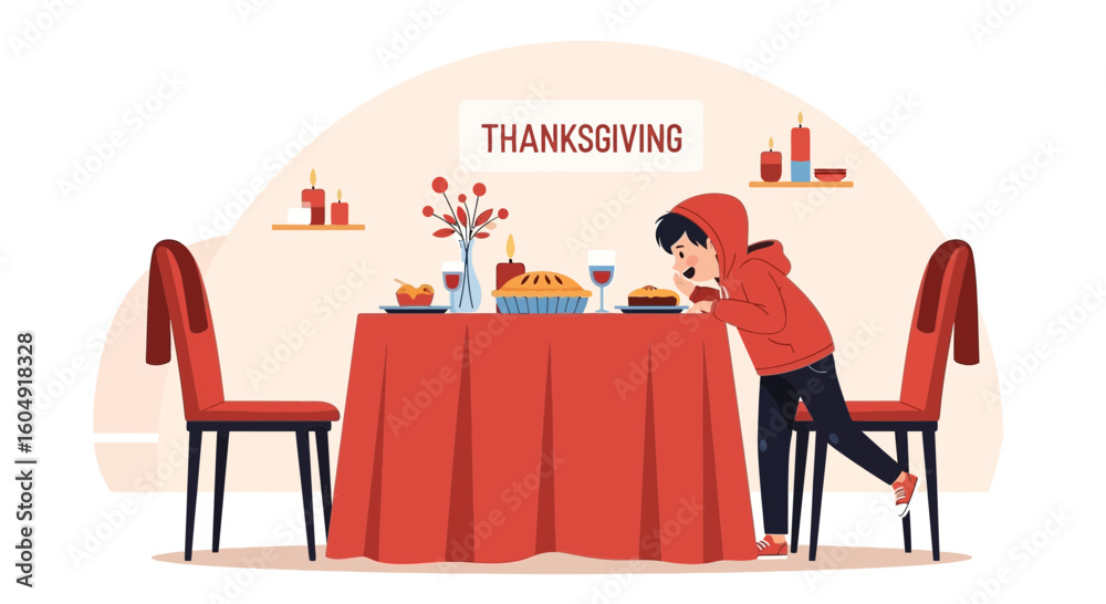 Fototapeta premium Awaiting Thanksgiving Feast With Anticipation A Cartoon Illustration Style