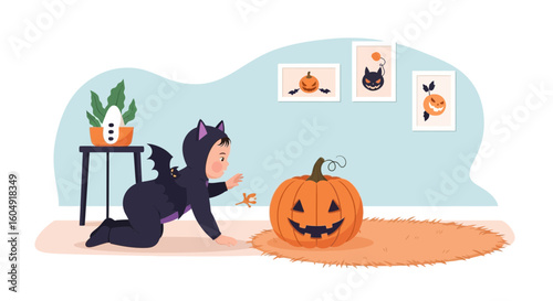 Bat Costume Baby Crawling To Pumpkin At Halloween Home Decoration