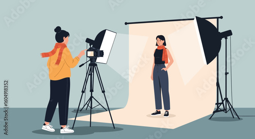 Behind The Scenes At Fashion Photo Shoot With Model In Studio Light