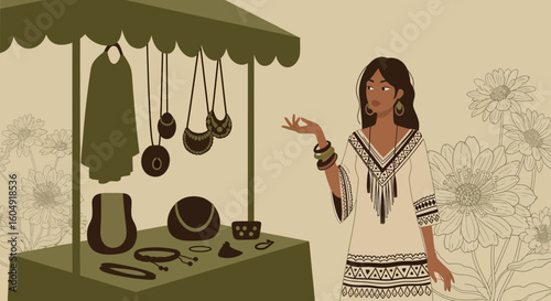 Boho Chic Woman Browsing Fashionable Market Stall With Unique Accessories