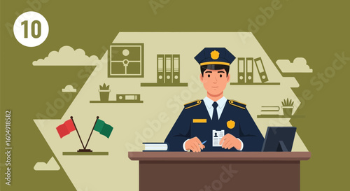 Border Control Officer At His Desk Processing Documents At Immigration