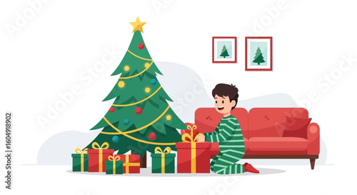 Boy In Pajamas Opening A Gift Under The Christmas Tree Vector Illustration
