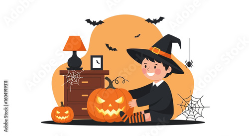 Boy In Witch Costume Carving Pumpkin For Traditional Holiday Season