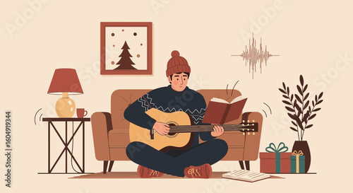 Boy Learns Guitar On The Sofa At Home During The Holidays In A Cozy Atmosphere