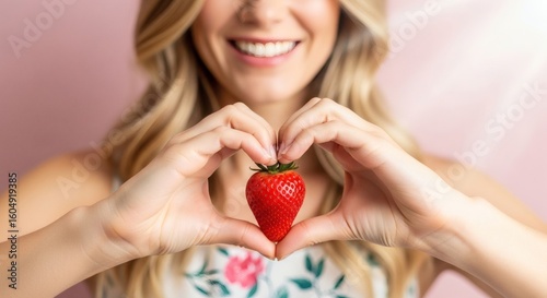 Woman holding a strawberry in a heart shape, promoting health and happiness.