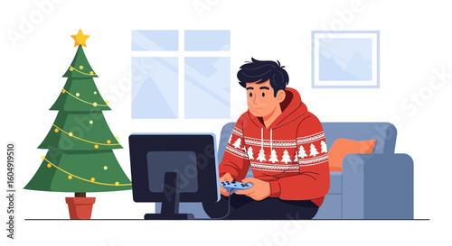 Boy Playing Videogames During Christmas Eve On Console With Christmas Tree