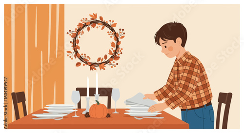 Boy Prepares Dinner Table For Thanksgiving In Cozy Autumnal Setting
