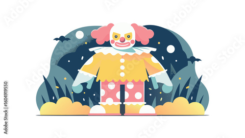Flat vector illustration of creepy clown with pink hair and yellow costume on moonlit night, spooky Halloween and costume party concept