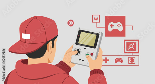 Boy Plays Vintage Portable Console With Red Graphics Presentation About Gaming
