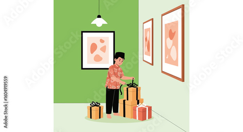 Boy Prepares Gift Boxes for a Festive Celebration in a Stylish Room