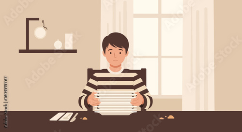 Boy With Stack Of Plates Finished Eating In An Apartment Interior