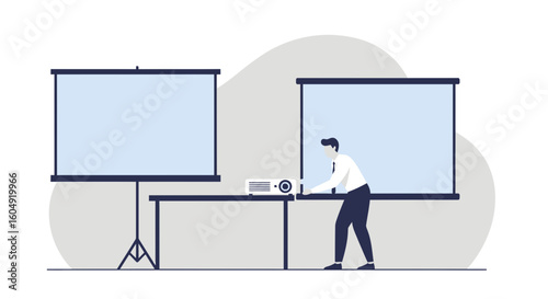 Business Presentation Setup With Projector And Screens By Professional Man