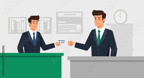 Businessmen Exchanging Visiting Card In A Corporate Office Flat Vector Design