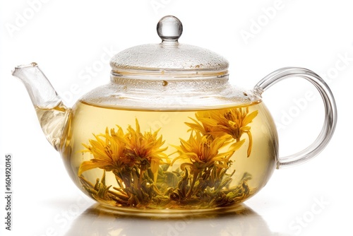 Glass teapot filled with yellow flower tea