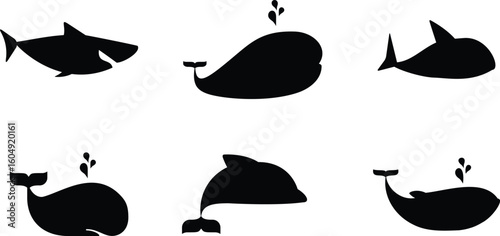Collection of a Minimalist Silhouette of Sea Animals, Whale and Shark