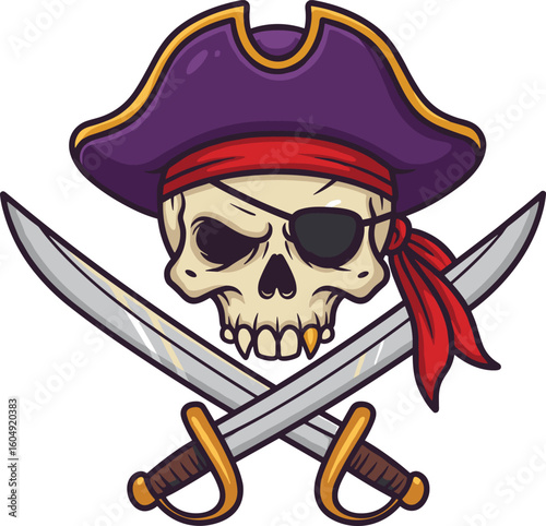 Pirate skull cad drawing flat vector illustration, cartoon skull in eyepatch with crossed swords