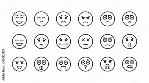 Emotions: A comprehensive set of emoticon icons, each skillfully crafted to convey a spectrum of emotions, serving as a potent visual language for diverse expressions.