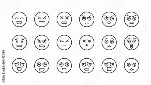 Emoji Emotions Array: A collection of emotive faces, each a simple line drawing conveying a range of feelings, from happiness to despair, offering a concise visual vocabulary for expression.
