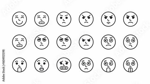 Emojis illustrating Diverse Emotions: A collection of simple line drawing emojis, each depicting a different state of mind. from joy to anger, confusion to surprise. A versatile graphic element.
