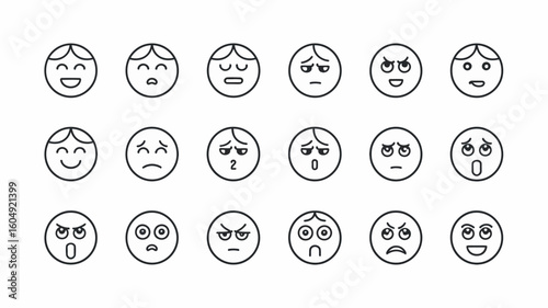 Emotions in Rows: A comprehensive collection of simple and clean emoticons, capturing a wide spectrum of feelings, offering visual storytelling capabilities
