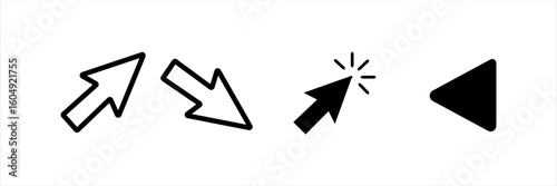 Arrow and cursor icon set including up arrow, down arrow, clicking pointer and left play button. Navigation and interface symbols for UI and UX design.