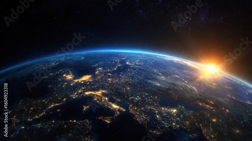 The Earth seen from space during a breathtaking sunrise with city lights visible.