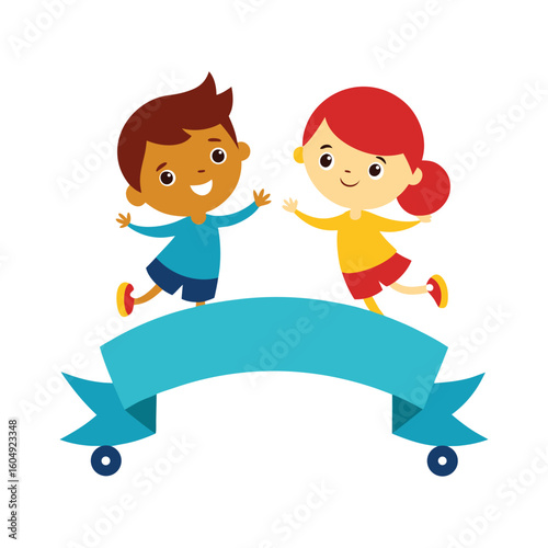 Kids on Roller Skates with Ribbon Frame Design