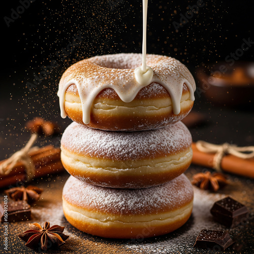 Stack of Three Glazed and Powdered Donuts