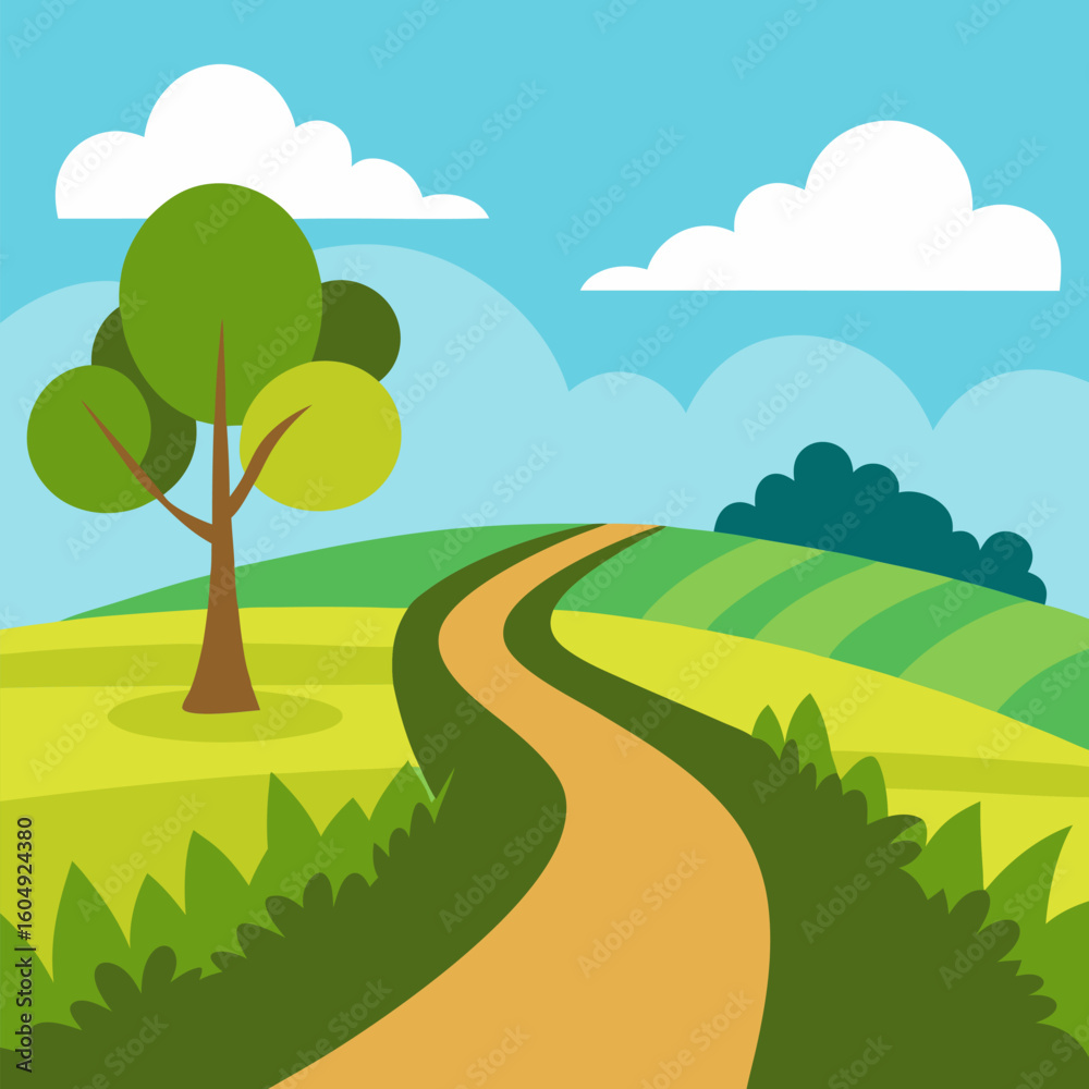 Fototapeta premium Countryside prairie with footpath vector natural landscape background.