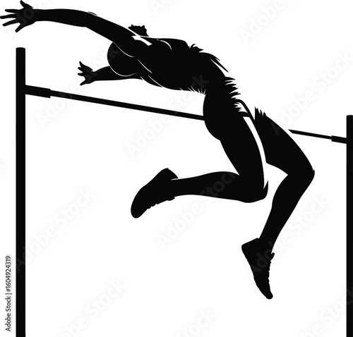 Silhouette of a high jumper clearing the bar, minimal black design on white background